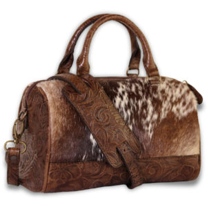 Mini bolso 100% piel genuina color chocolate grabado flores con pelo vaca